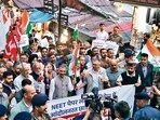 CM Sukhvinder Singh Sukhu, along with Congress leaders, CPI(M) members, and students, took out a candle march from Mall Road to the Ridge in Shimla on Saturday. (Deepak Sansta/HT)