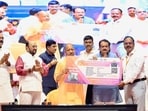 CM Yogi Adityanath launched Mukhya Mantri Shikshak Cashless Yojana for faculty members of universities and degree colleges across Uttar Pradesh, at Dr Bhimrao Ambedkar University in Agra on Sunday. (HT)