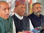 LoP Jai Ram Thakur along with BJP state chief Rajeev Bindal addressing the media in Shimla on Saturday (Deepak Sansta/ht)