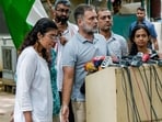 LoP in Lok Sabha and Congress MP Rahul Gandhi with an injured victim during the police crackdown on students in the 'Sansad chalo' march, addresses a press conference amid the ongoing protest over the NEET paper leak issue, in New Delhi, Saturday, July 25, 2026.