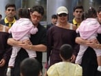 Priyanka Chopra Jonas with Nick Jonas and daughter Malti Marie at the Hyderabad airport.