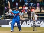 India's Vaibhav Sooryavanshi watches the ball after playing a shot. India's Vaibhav Sooryavanshi watches the ball after playing a shot.