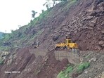 The unrelenting rains caused heavy damage to road infrastructure and equipment deployed by the teams of contractors working on Rajouri-Thanamandi road and NH 144 site location in Poonch and other locations. (HT Photo)