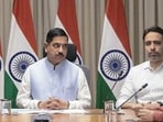 Union Minister Pralhad Joshi during a meeting as he takes charge as education minister, in New Delhi. (PTI)