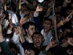 Houthi supporters protesting an attack on the San’a airport in Yemen.
