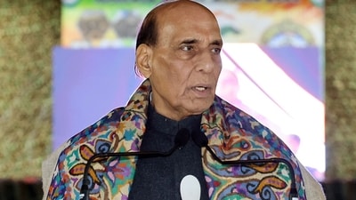 Union Defense Minister Rajnath Singh speaks during a memorial function on the eve of the 27th Kargil Vijay Diwas Day at Dras in Ladakh on Saturday. (that I)