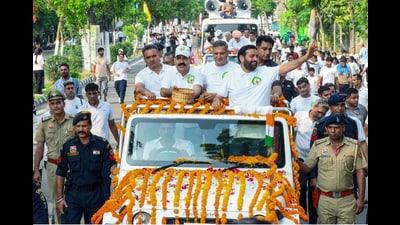 Haryana CM Nayab Singh Saini waves to crowd under the 'War Against Addiction, With Yamunanagar' campaign, in Yamunanagar on Sunday. (ANI) Haryana CM Nayab Singh Saini waves to crowd under the 'War Against Addiction, With Yamunanagar' campaign, in Yamunanagar on Sunday. (ANI)