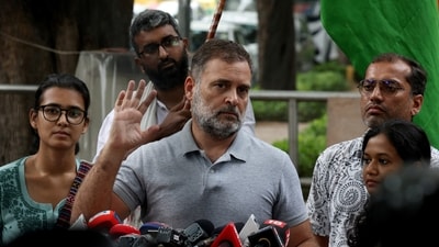 Indian opposition leader Rahul Gandhi speaks to the media, demanding accountability for police actions against students at a march by supporters of the Cockroach Janta Party (CJP) towards Parliament on July 20. (Reuters)