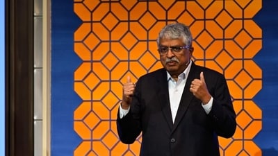 Nandan Nilekani, co-founder of Infosys and founding chairman of the UIDAI that brought in Aadhaar, speaking at a conference in Norway in April 2026. (Bloomberg Photo)