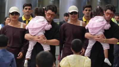 Priyanka Chopra Jonas with Nick Jonas and daughter Malti Marie at the Hyderabad airport. Priyanka Chopra Jonas with Nick Jonas and daughter Malti Marie at the Hyderabad airport.
