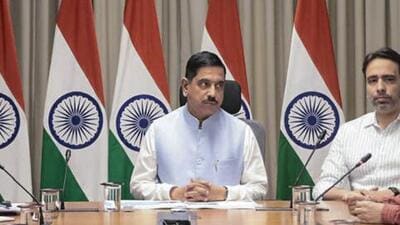 Union Minister Pralhad Joshi during a meeting as he takes charge as education minister, in New Delhi. (PTI) Union Minister Pralhad Joshi during a meeting as he takes charge as education minister, in New Delhi. (PTI)