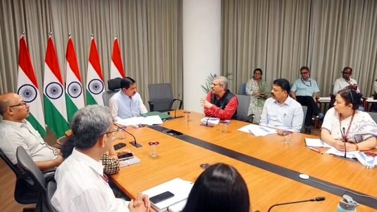 Union Minister Pralhad Joshi takes additional charge of the Ministry of Education, in New Delhi on Sunday.