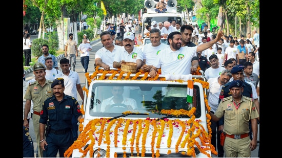 Haryana CM Nayab Singh Saini waves to crowd under the 'War Against Addiction, With Yamunanagar' campaign, in Yamunanagar on Sunday. (ANI)