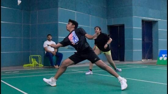 Players in action during the tournament at Shastri Badminton Hall in Ludhiana on Sunday. (Manish/HT)