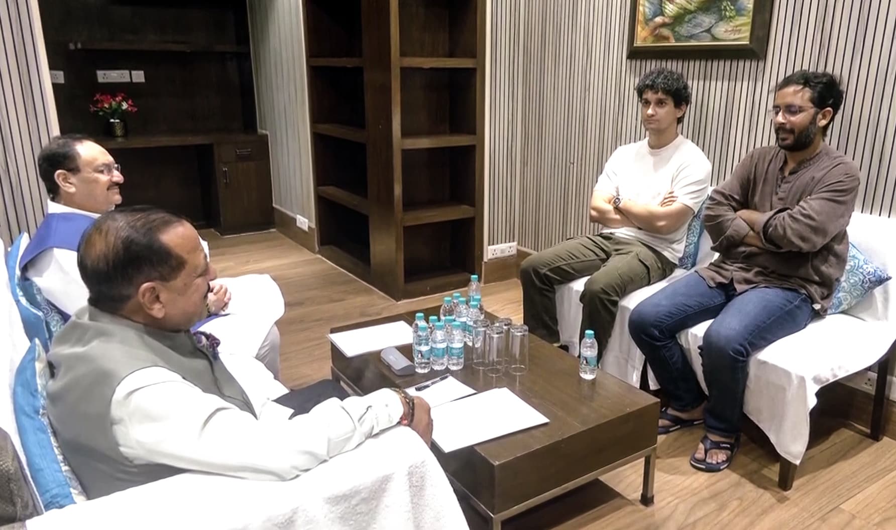 Cockroach Janta Party (CJP) spokespersons Sourav Das and Ashutosh Ranka met Union Minister JP Nadda and Social Affairs Ministry Jitendra Singh in New Delhi on Friday. (ANI Video Grab)