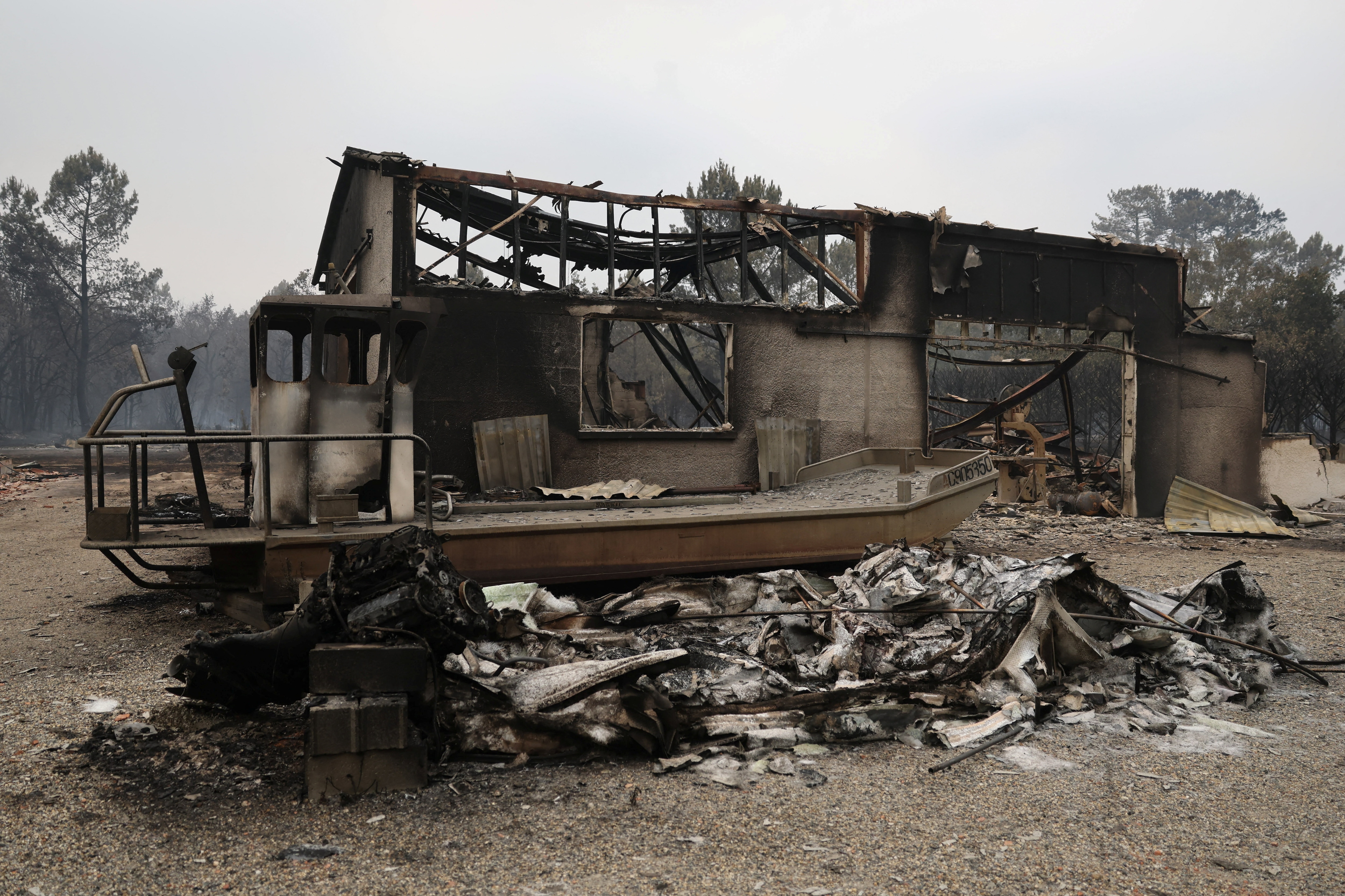 The remains of a building damaged by a wildfire at Le Porge, Gironde, France. (REUTERS)