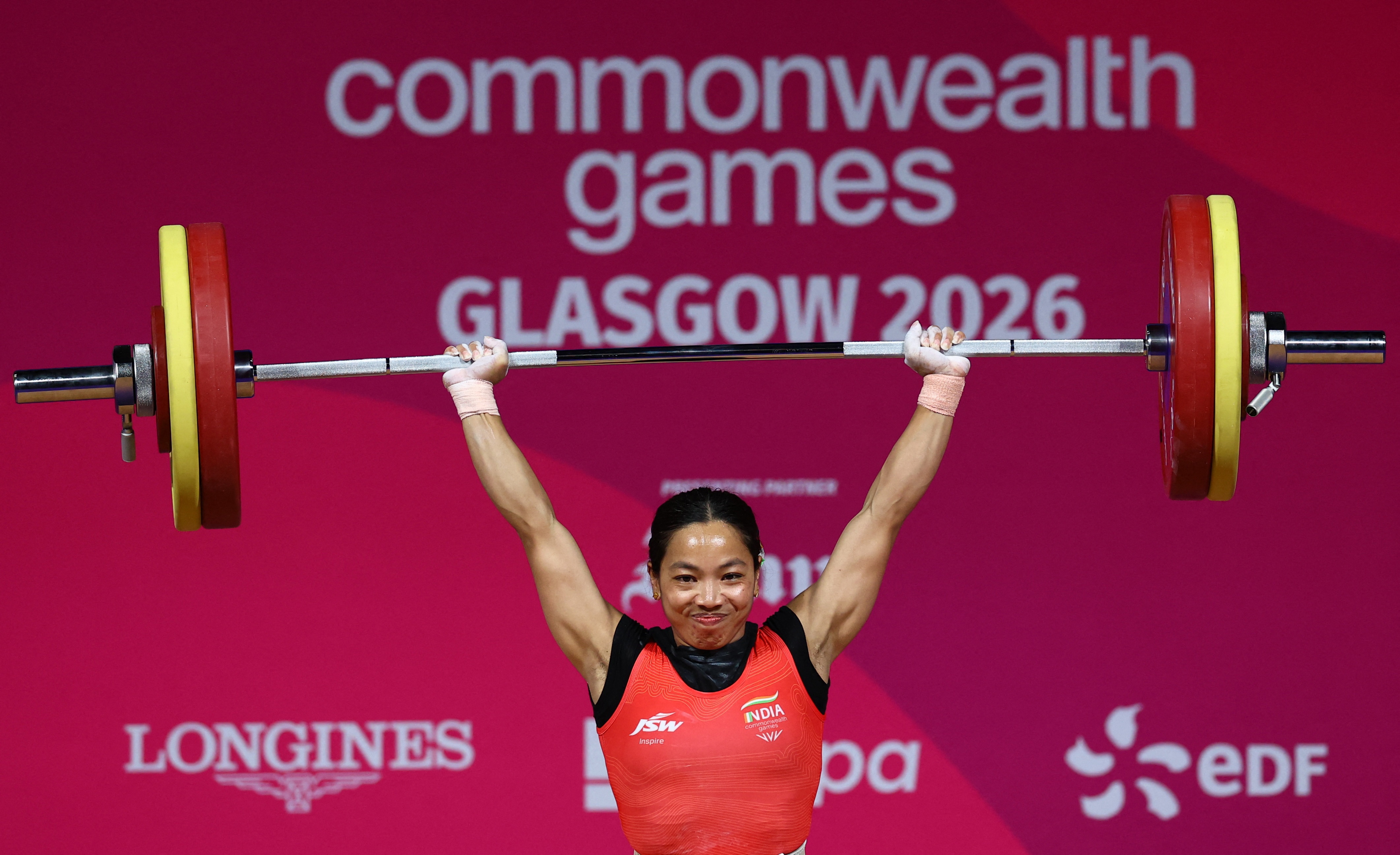 Commonwealth Games 2026 - Weightlifting - SEC Armadillo, Glasgow, Scotland, Britain - July 26, 2026 India's Mirabai Chanu Saikhom in action during a clean and jerk lift in the women's 48 kg final REUTERS/Phil Noble (REUTERS)