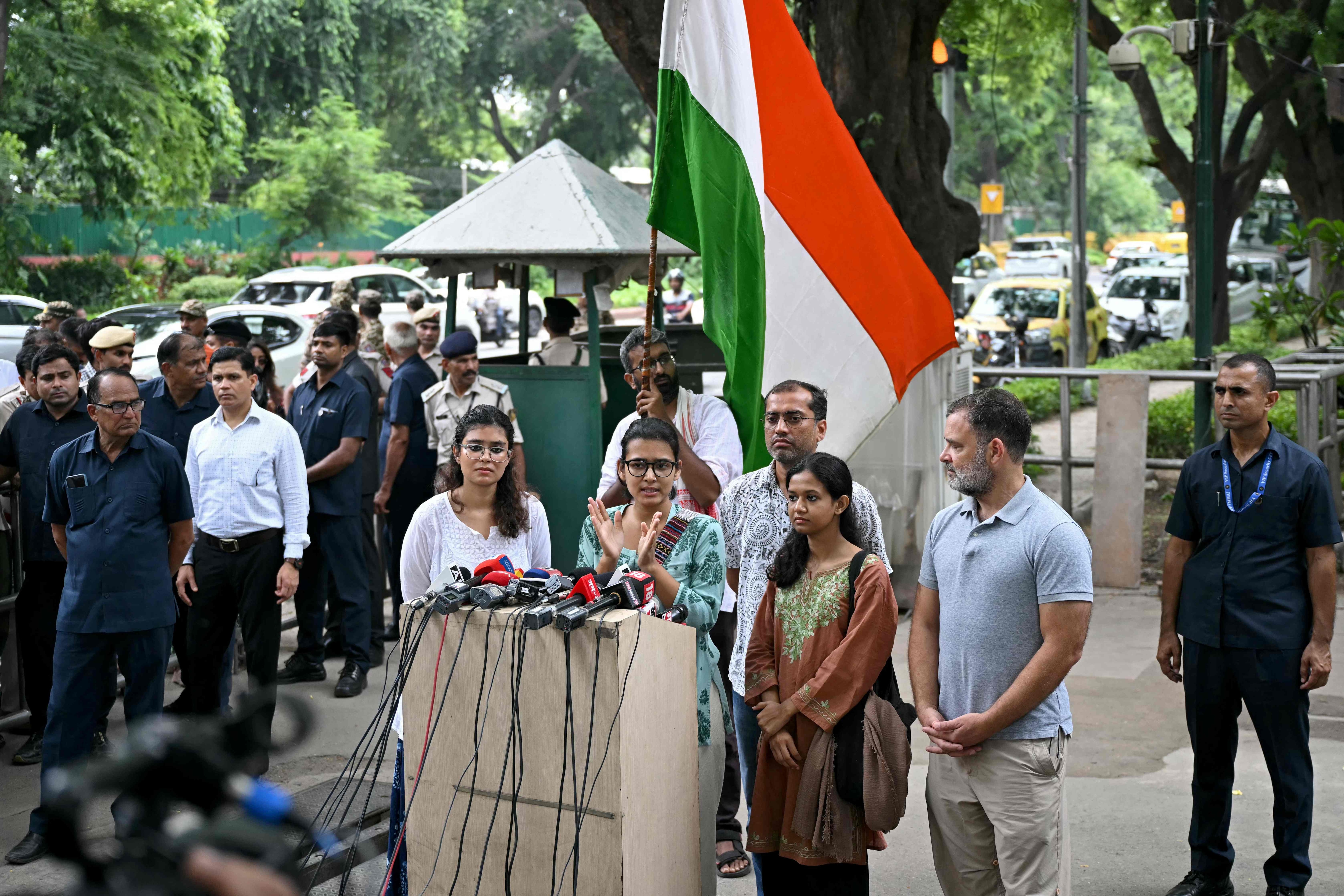 All India Students' Association (AISA) president Neha Bora addresses a press conference alongside Leader of Opposition Rahul Gandhi in New Delhi on July 25. (Arun Sankar/AFP Photo) All India Students' Association (AISA) president Neha Bora addresses a press conference alongside Leader of Opposition Rahul Gandhi in New Delhi on July 25. (Arun Sankar/AFP Photo)