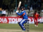 Vaibhav Sooryavanshi prepares to bat during the third T20 cricket match between Zimbabwe and India.,