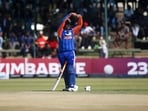 India's batsman Vaibhav Sooryavanshi gestures after scoring 50.