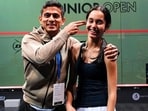 File photo of India’s Anahat Singh, the new world junior girls’ squash champion, with her mentor Saurav Ghosal. (HT Photo)