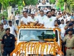Haryana CM Nayab Singh Saini waves to crowd under the 'War Against Addiction, With Yamunanagar' campaign, in Yamunanagar on Sunday. (ANI)