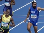 India's Gurindervir Singh finishes second behind Jamaica's Rohan Watson in the men's 100m first round heat at the Glasgow Commonwealth Games on Monday. He was eliminated from the semis. (PTI)