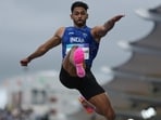India's Sreeshankar competes in the men's long jump qualification at the Glasgow Commonwealth Games on Monday. (AP)