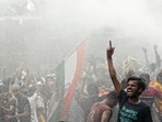 Police personnel use a water cannon on All India Students' Association (AISA) activists during a protest march near Lok Bhavan in Bihar demanding the resignation of Union Education Minister Dharmendra Pradhan 