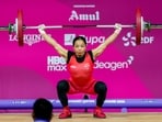 Mirabai Chanu during the women's 48kg weightlifting final competition at the 23rd Commonwealth Games.