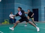 Players in action during the tournament at Shastri Badminton Hall in Ludhiana on Sunday. (Manish/HT)