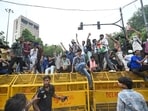 Students celebrate after the Union Education Minister's resignation, with jubilant scenes unfolding as supporters cheer and mark what they call a victory for the student movement at Jantar Mantar.
