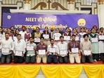Punjab chief minister Bhagwant Mann with the 882 government school students, who qualified NEET UG 2026, in Mohali on Sunday. (@BhagwantMann X)