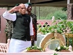 Union defence minister Rajnath Singh pays tributes to the martyrs at Kargil War Memorial in Dras on Sunday. (@rajnathsingh X)