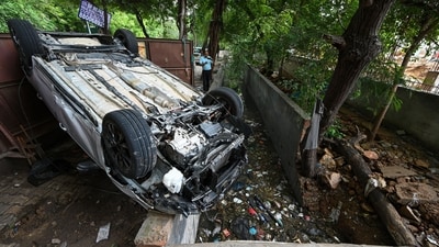 An overturned car lies near a drain after 20-year-old Yashvendra, the son of an Indian Army officer, died when the vehicle he was driving fell into the drain. (Hindustan Times) An overturned car lies near a drain after 20-year-old Yashvendra, the son of an Indian Army officer, died when the vehicle he was driving fell into the drain. (Hindustan Times)
