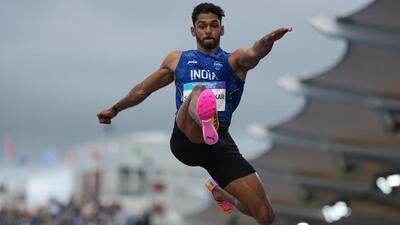 India's Sreeshankar competes in the men's long jump qualification at the Glasgow Commonwealth Games on Monday. (AP)