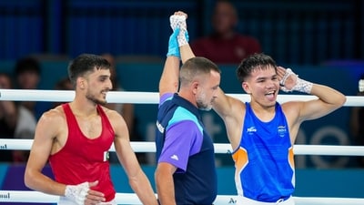 Jadumani Singh Mandengbam after defeating Pakistan's Sumama Rehman. (PTI) Jadumani Singh Mandengbam after defeating Pakistan's Sumama Rehman. (PTI)