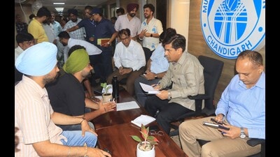 UT mayor saurabh joshi during Janta Darbar outside his office at municipal corporation bhawan in Sector 17, Chandigarh on Monday. (Keshav Singh/HT)