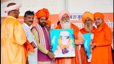 While addressing a religious gathering at the Murti Pran Pratishtha ceremony of Siddh Baba Khak Nath at Ujhana village of Jind district, Haryana chief minister Nayab Singh Saini said transparent and people-centric governance remained the guiding principle of the state government. (HT) While addressing a religious gathering at the Murti Pran Pratishtha ceremony of Siddh Baba Khak Nath at Ujhana village of Jind district, Haryana chief minister Nayab Singh Saini said transparent and people-centric governance remained the guiding principle of the state government. (HT)