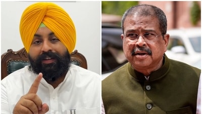 The opposition in Punjab is demanding resignation of state education minister Harjot Singh Bains (L) over alleged paper leaks. Dharmendra Pradhan (R) resigned as union education minister on Saturday amid NEET paper leak protests. (X/@harjotbains/PTI) The opposition in Punjab is demanding resignation of state education minister Harjot Singh Bains (L) over alleged paper leaks. Dharmendra Pradhan (R) resigned as union education minister on Saturday amid NEET paper leak protests. (X/@harjotbains/PTI)