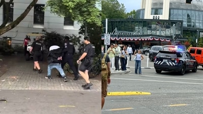 Videos showed police put a man in handcuffs amid the mass shooting at the Seattle Center on Sunday. (X/@newsnoteworthy, X/@k_c_shivansh)
