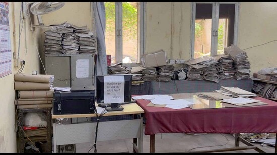 Office rooms wear a deserted look amid the strike by outsourced PSPCL employees in Ludhiana on Monday. (Gurpreet Singh/HT)