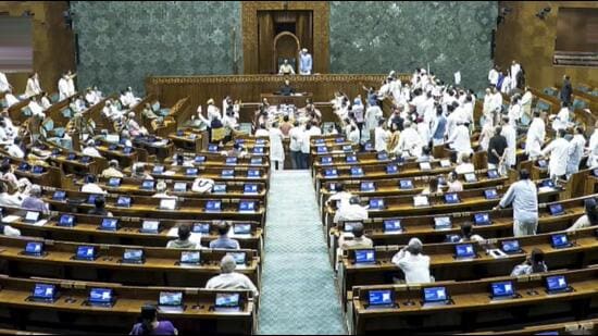 Opposition MPs stage a protest in the Lok Sabha on Monday. (Sansad TV)