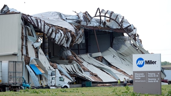 The roof of Miller Electric is caved in after a severe thunderstorm and tornado warning in Appleton, Wisconsin, U.S. July 27, 2026.