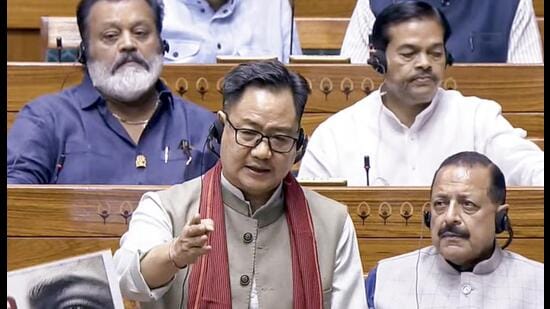 Union Parliamentary Affairs Minister Kiren Rijiju speaks in the Lok Sabha during the Monsoon session of Parliament, in New Delhi, Monday. (Sansad TV)