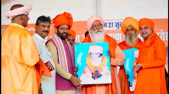While addressing a religious gathering at the Murti Pran Pratishtha ceremony of Siddh Baba Khak Nath at Ujhana village of Jind district, Haryana chief minister Nayab Singh Saini said transparent and people-centric governance remained the guiding principle of the state government. (HT)