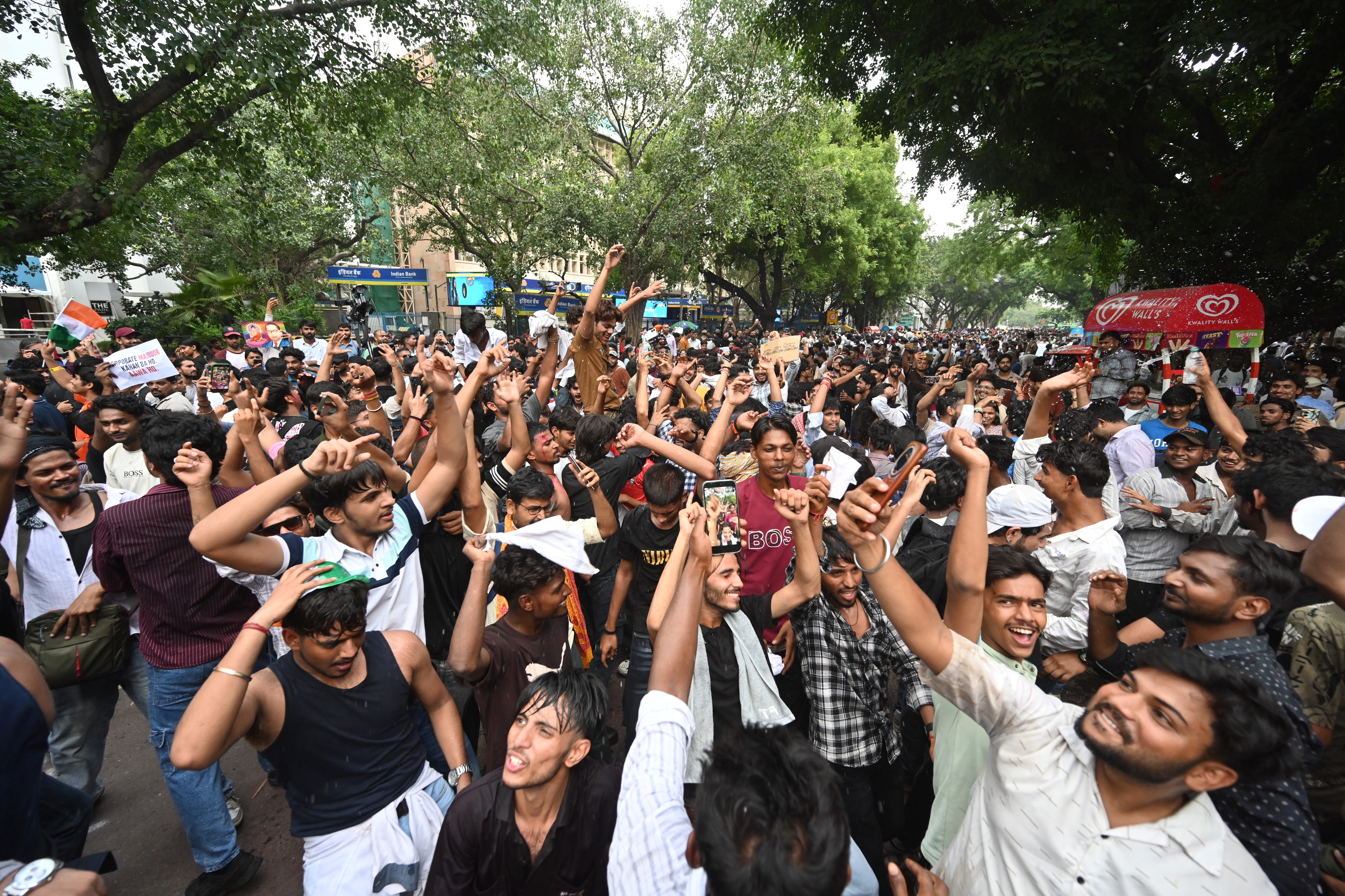Students celebrated at Jantar Mantar after Dharmendra Pradhan's resignation. (Sanchit Khanna/ Hindustan Times) Students celebrated at Jantar Mantar after Dharmendra Pradhan's resignation. (Sanchit Khanna/ Hindustan Times)
