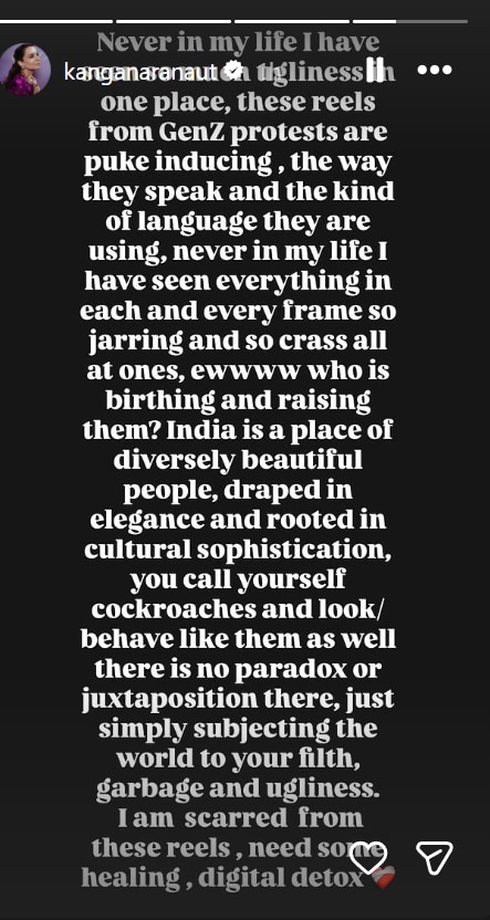 Kangana Ranaut criticised viral videos from the CJP protest site and said they were “puke inducing”. (Kangana Ranaut/Instagram)
