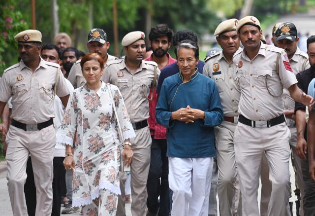 Police escorted Wangchuk and his wife Gitanjali Angmo to Rajghat after his discharge and arranged security during the movement. (ANI)