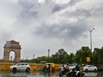 A view of light rain over Delhi, bringing relief from the sultry conditions on Monday. (Arvind Yadav/HT PHOTO)